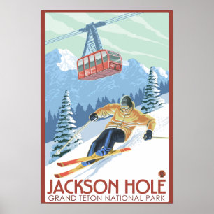 Jackson Hål, Wyoming Skier och Tram Poster