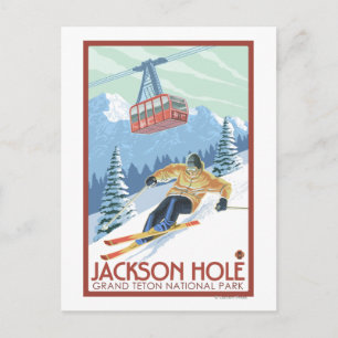 Jackson Hål, Wyoming Skier och Tram Vykort