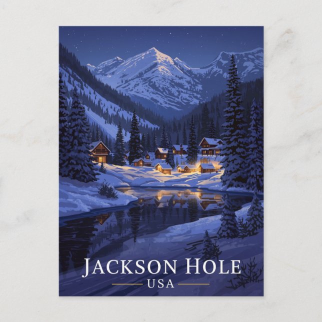 Jackson Hole Vinter Natt Snöig Vykort (Framsida)