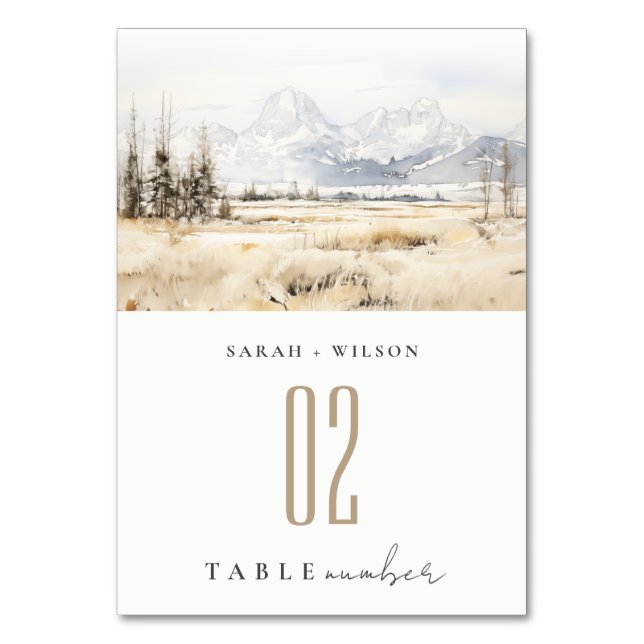 Jackson Hole Wyoming Akvarell Landskaps Bröllop Bordsnummer (Framsidan)