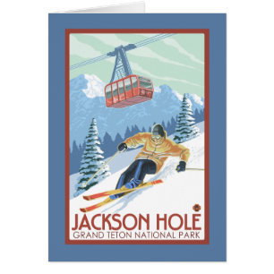 Jackson Hole, Wyoming Skier och spårvagn Hälsningskort