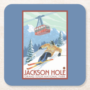 Jackson Hole, Wyoming Skier och spårvagn Underlägg Papper Kvadrat