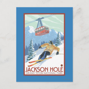 Jackson Hole, Wyoming Skier och spårvagn Vykort