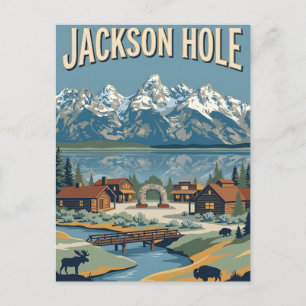 Jackson Hole Wyoming Tetons Vintage Resemålningaff Vykort