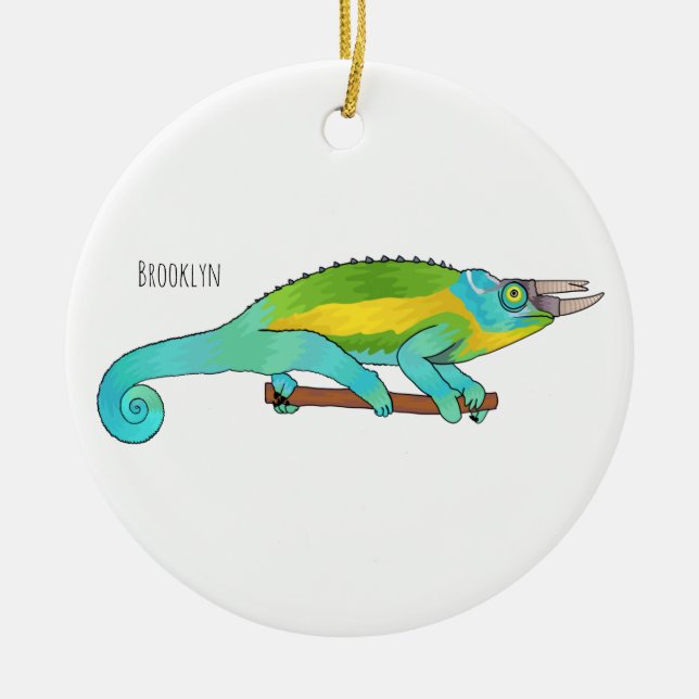 Jackson's chameleon tecknad illustration julgransprydnad keramik (Framsidan)