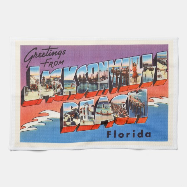 Jacksonville Beach Florida FL Old Travel Souvenir Kökshandduk (Horisontell)