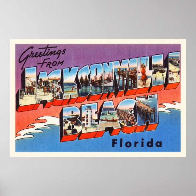 Jacksonville Beach Florida FL Old Travel Souvenir Poster (Framsidan)