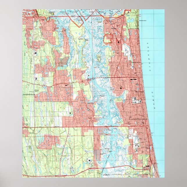 Jacksonville Beach och Atlantic Beach Florida Kart Poster (Framsidan)