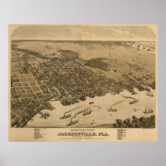 Jacksonville, FL Birdseye Karta, Circe 1874 Poster (Framsidan)