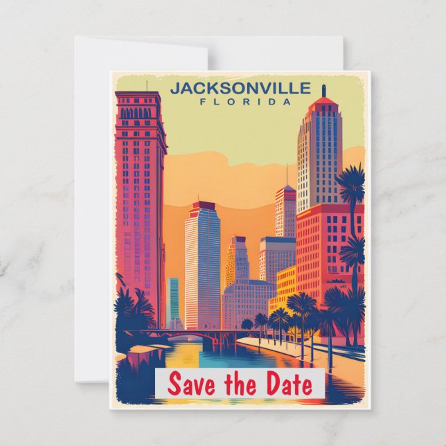 Jacksonville Florida Palms Teal Bröllopsinbjudan Spara Datumet (Framsida)