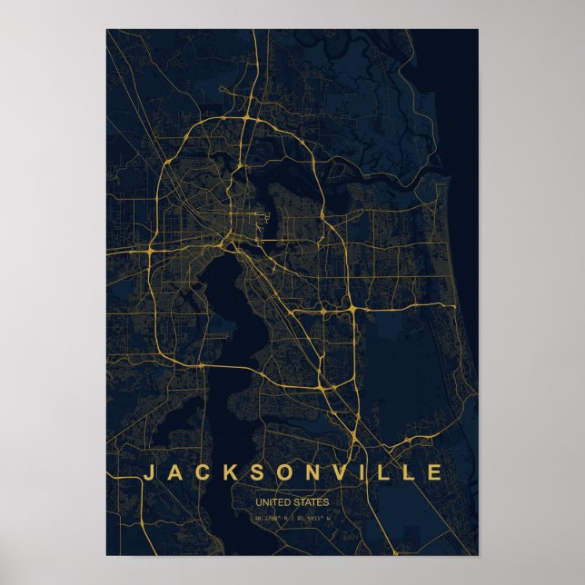 Jacksonville Florida Stiliserad Karttryck Poster (Framsidan)