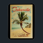 Jacksonville Handflatan Träd Vintage resor Magnet<br><div class="desc">En unik efterbild av det moderna Jacksonville Florida-konstverket i mitten av århundradet poster stil. Den har en böjd handflatan träd på sandstranden med hav under ett blått grumligt himlar.</div>