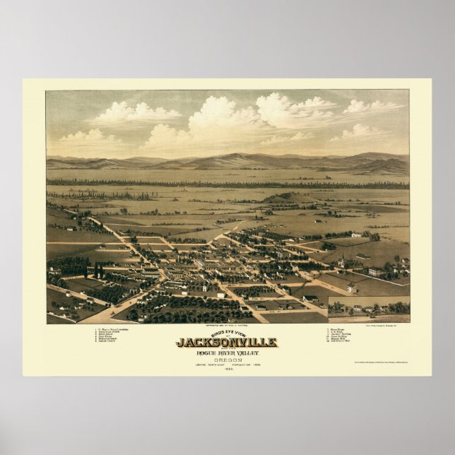 Jacksonville, OR Panoramic Karta - 1883 Poster (Framsidan)