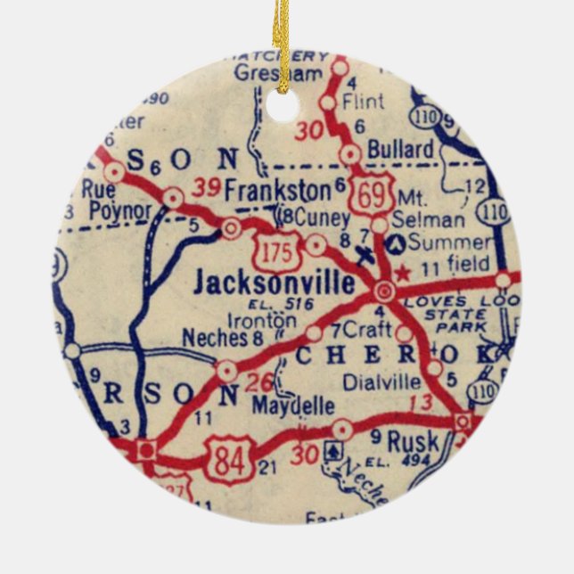 Jacksonville TX Vintage Karta Julgransprydnad Keramik (Baksidan)