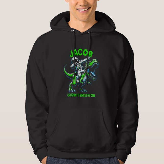 Jacob Crushin' It Since Day One Astronaut Dinosaur Hoodie (Framsida)