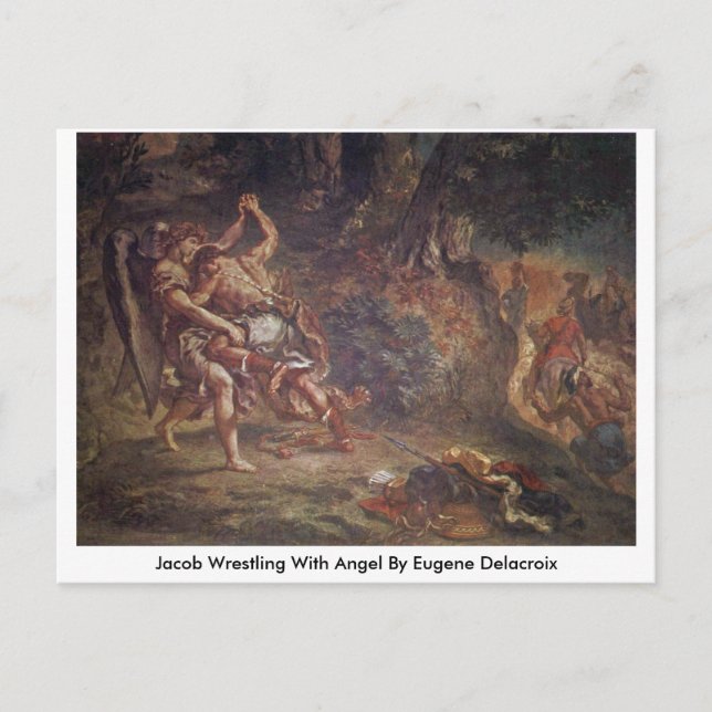 Jacob Wrestling med ängel av Eugene Delacroix Vykort (Framsida)
