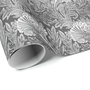 Jacobean blommadamast, grått/grå färg och vit presentpapper