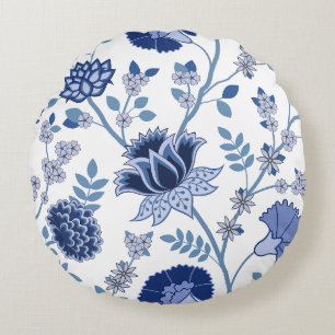 Jacobean Blommigt 2Way Mönster Blues on White Rund Kudde