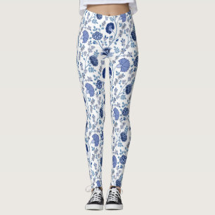 Jacobean Blommigt Big Mönster Blues on White Leggings