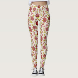 Jacobean Blommigt Big Mönster Pinks Guld Cream Leggings