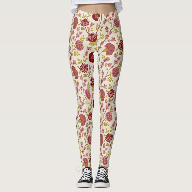 Jacobean Blommigt Big Mönster  Pinks Guld Cream Leggings (Framsida)