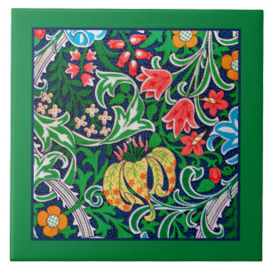 Jacobean Blommigt Borderade in Emerald Grönt Kakelplatta