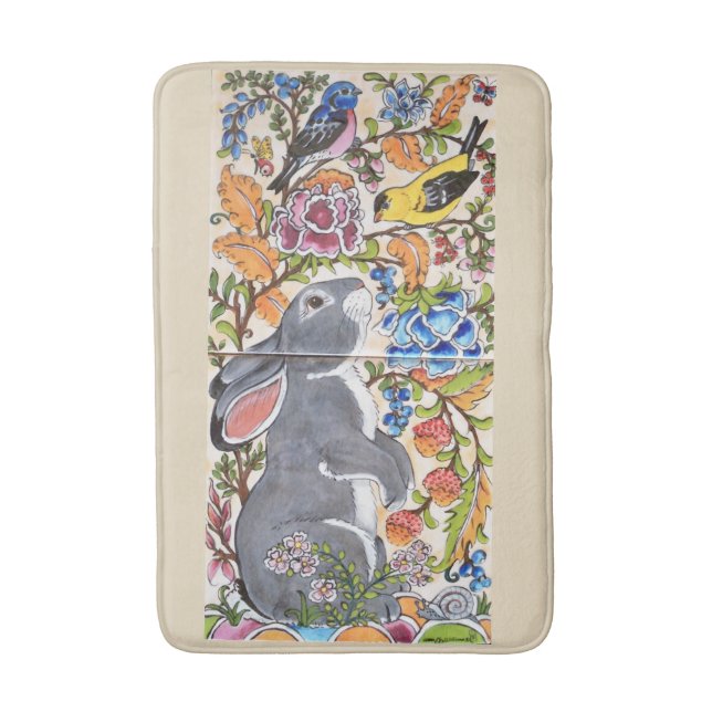Jacobean Blommigt Bunny Rabbit och Birds Bath Mat Badrumsmatta (Framsidan (Vertikal))