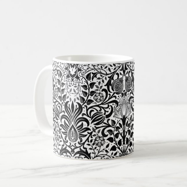 Jacobean Blommigt Damask, Black, White och Grått Kaffemugg (Framsida vänster)