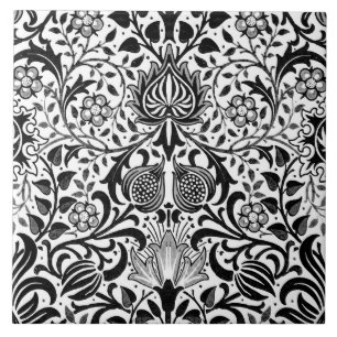 Jacobean Blommigt Damask, Black, White och Grått Kakelplatta