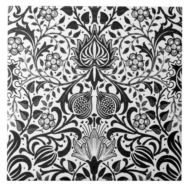 Jacobean Blommigt Damask, Black, White och Grått  Kakelplatta (Framsidan)