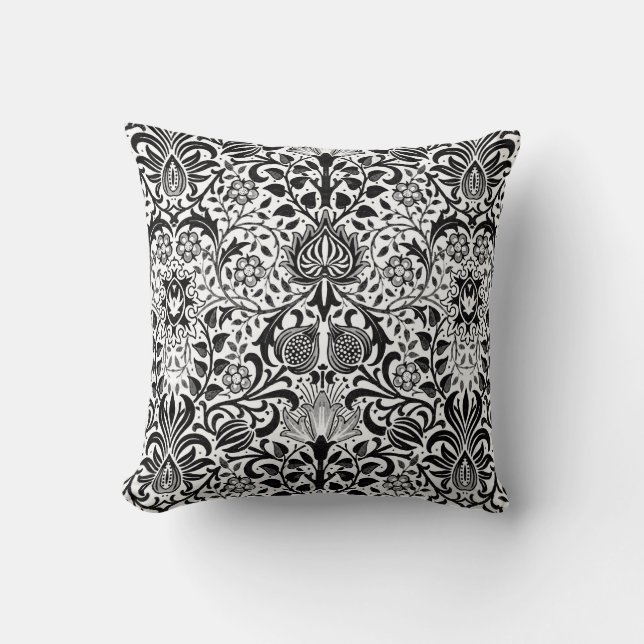 Jacobean Blommigt Damask, Black, White och Grått Kudde (Framsida)