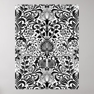 Jacobean Blommigt Damask, Black, White och Grått P Poster