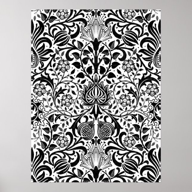 Jacobean Blommigt Damask, Black, White och Grått P Poster (Framsidan)