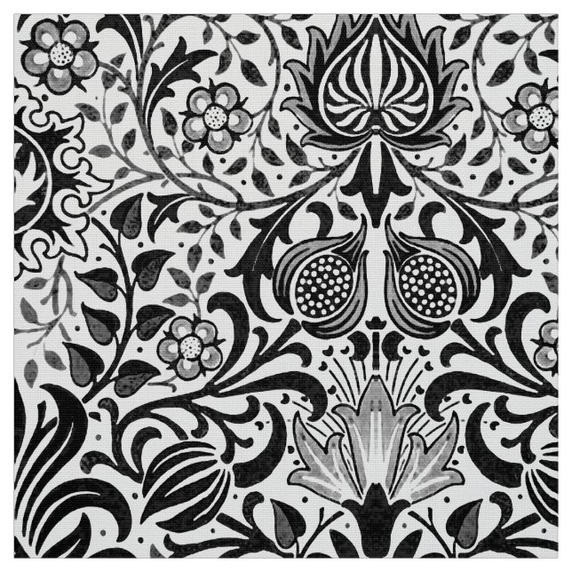 Jacobean Blommigt Damask, Black, White och Grått  Tyg (Provkarta)