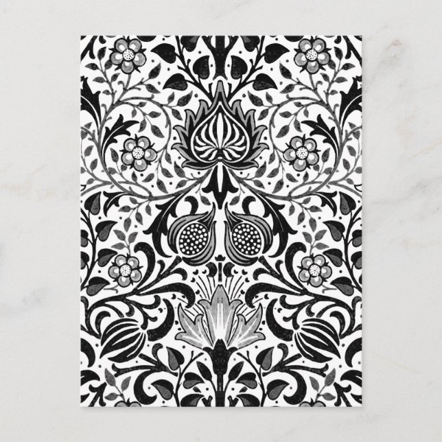 Jacobean Blommigt Damask, Black, White och Grått Vykort (Framsida)