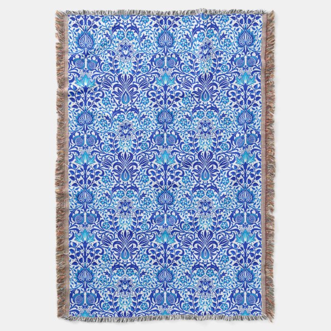 Jacobean Blommigt Damask, Cobalt Blue and White Filt (Framsidan Vertikal)