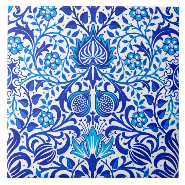 Jacobean Blommigt Damask, Cobalt Blue and White Kakelplatta (Framsidan)