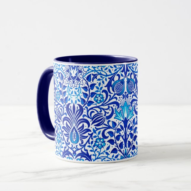 Jacobean Blommigt Damask, Cobalt Blue and White Mugg (Framsida vänster)
