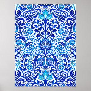 Jacobean Blommigt Damask, Cobalt Blue and White Poster