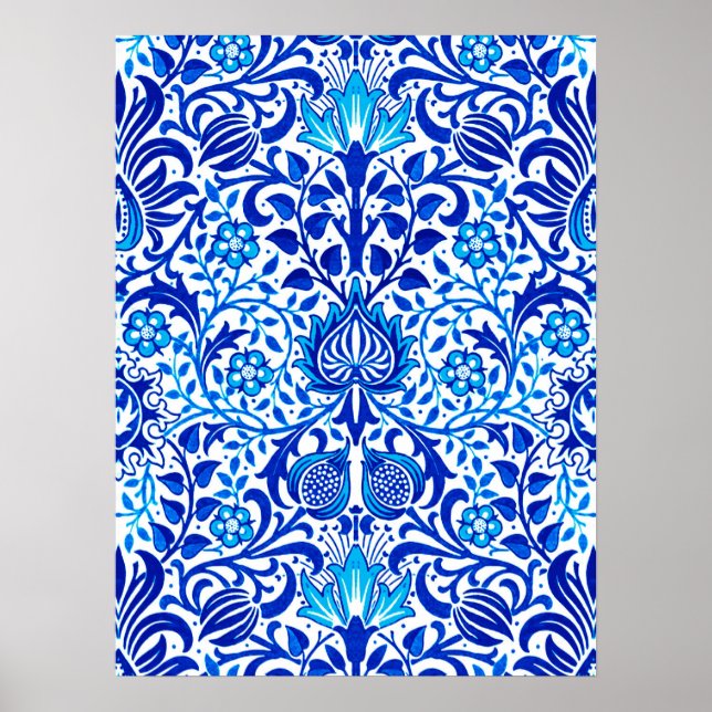Jacobean Blommigt Damask, Cobalt Blue and White Poster (Framsidan)