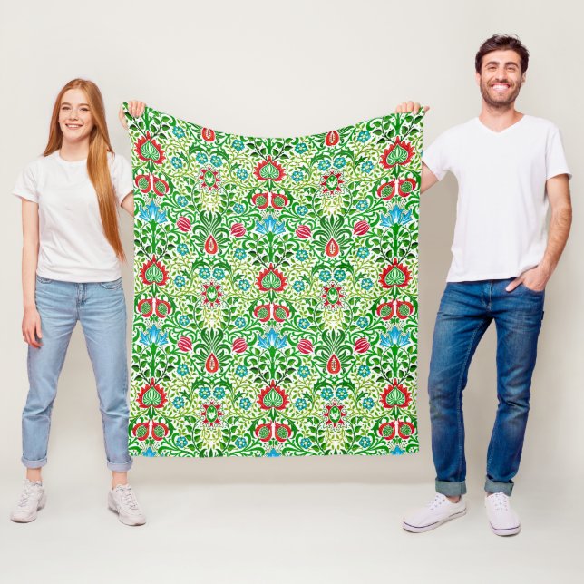 Jacobean Blommigt Damask, Grönt och Coral Red Fleecefilt (På plats)