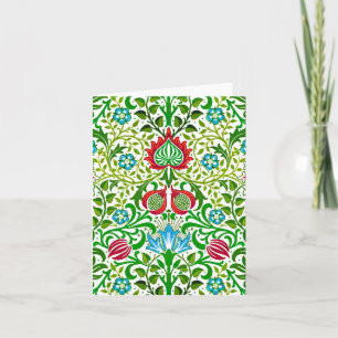 Jacobean Blommigt Damask, Grönt och Coral Red Kort
