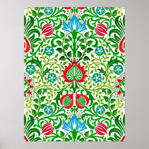 Jacobean Blommigt Damask, Grönt och Coral Red Poster
