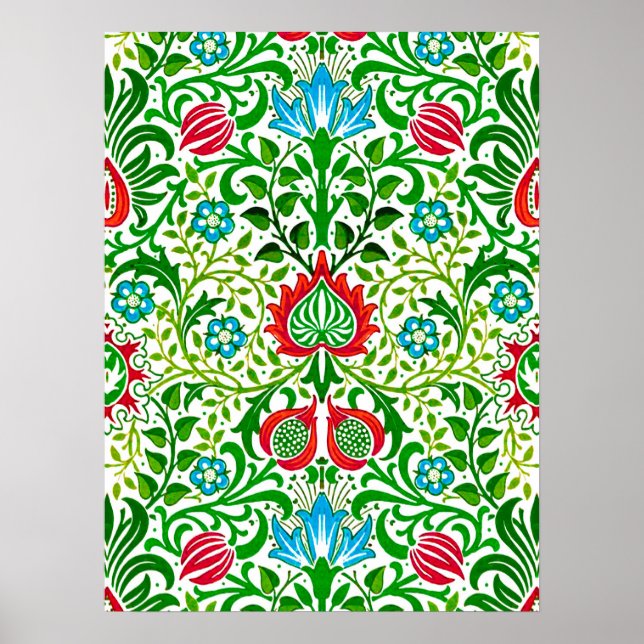 Jacobean Blommigt Damask, Grönt och Coral Red Poster (Framsidan)