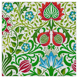 Jacobean Blommigt Damask, Grönt och Coral Red Tyg