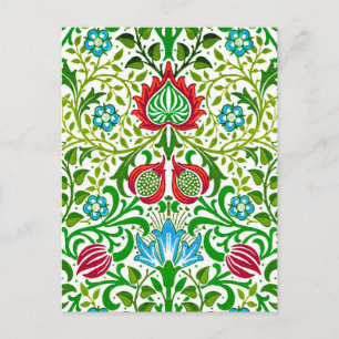 Jacobean Blommigt Damask, Grönt och Coral Red Vykort