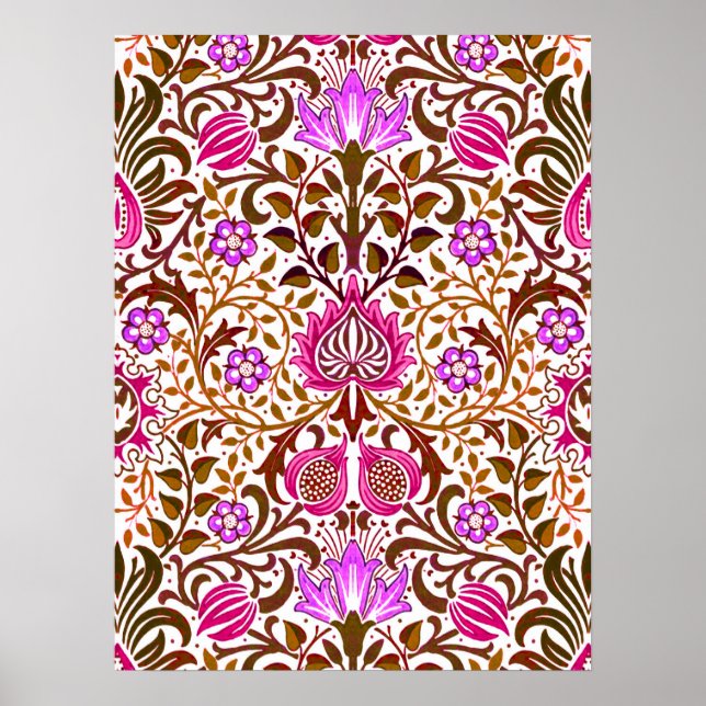 Jacobean Blommigt Damask, Rosa, Violet och Brown Poster (Framsidan)