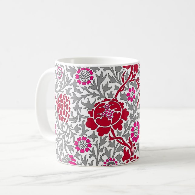 Jacobean Blommigt , Deep Red Rosa och Grått Kaffemugg (Framsida vänster)