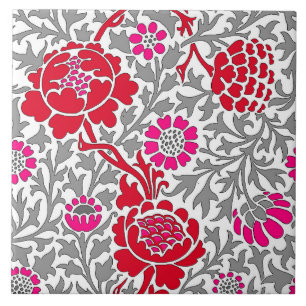 Jacobean Blommigt , Deep Red Rosa och Grått Kakelplatta
