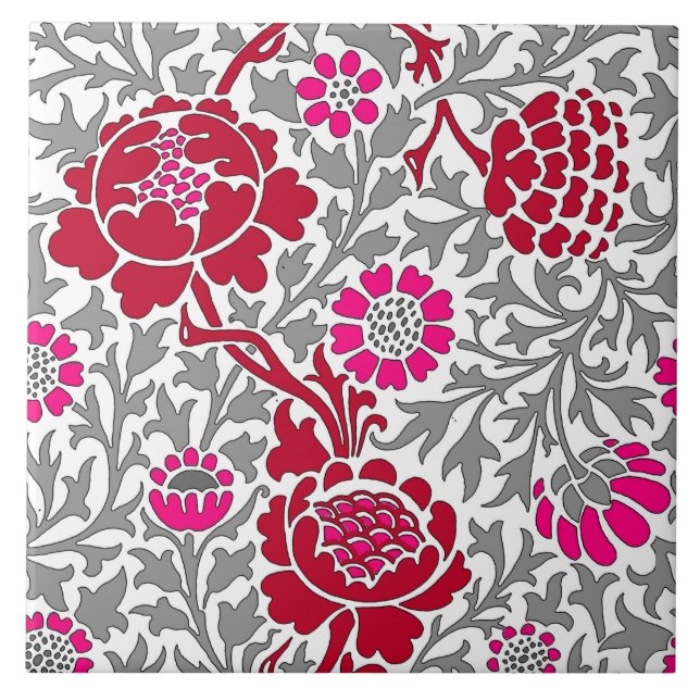 Jacobean Blommigt , Deep Red Rosa och Grått Kakelplatta (Framsidan)